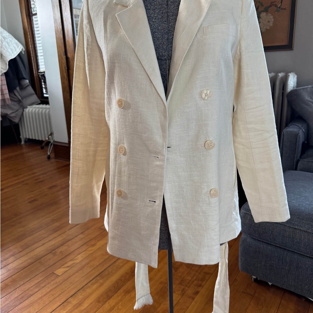 House of Harlow Double Breasted Cream Linen Blend Jacket with Fringed Tie Sz S - Picture 2 of 15